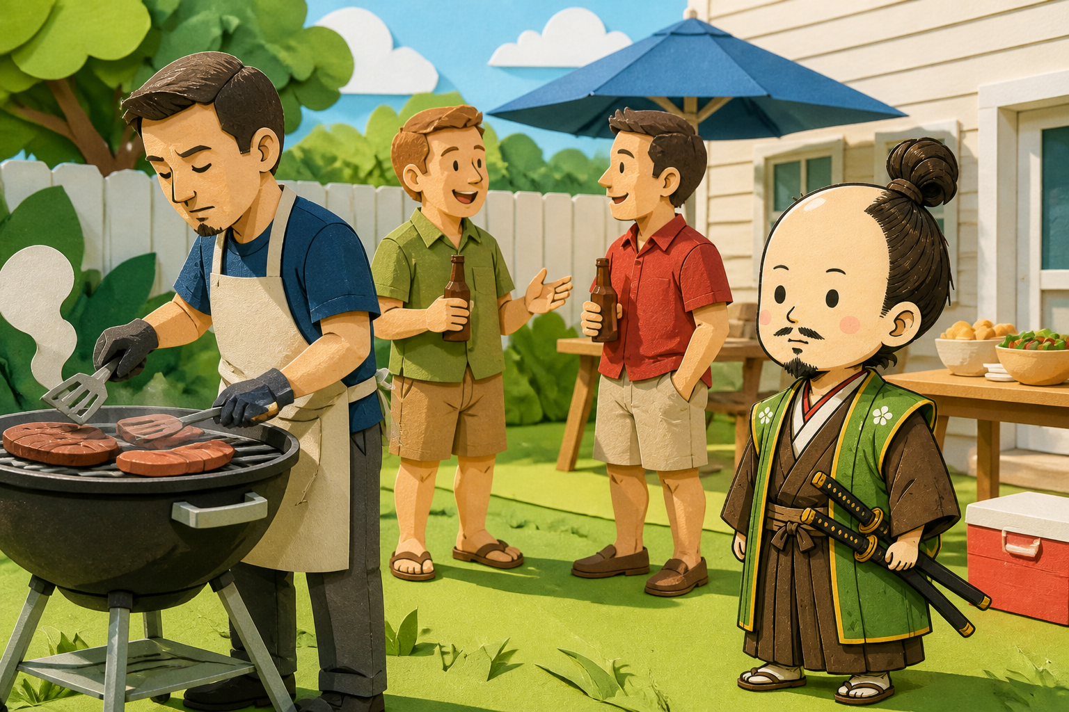 Papercraft scene for: USA. A backyard. A man. A grill. Four hours.