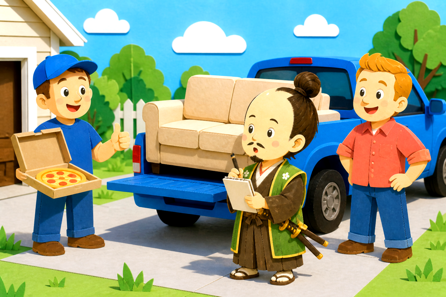 Papercraft scene for: I needed to move a sofa.