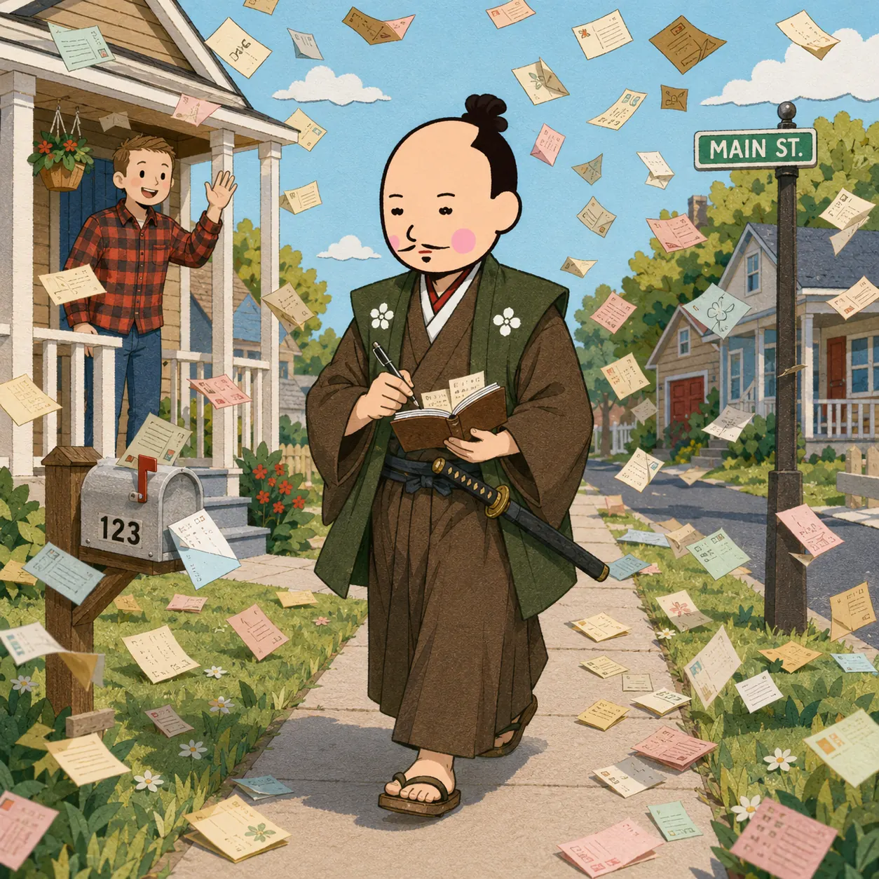 A papercraft samurai walks down Main Street, writing in a notebook as letters flutter through the air around him.