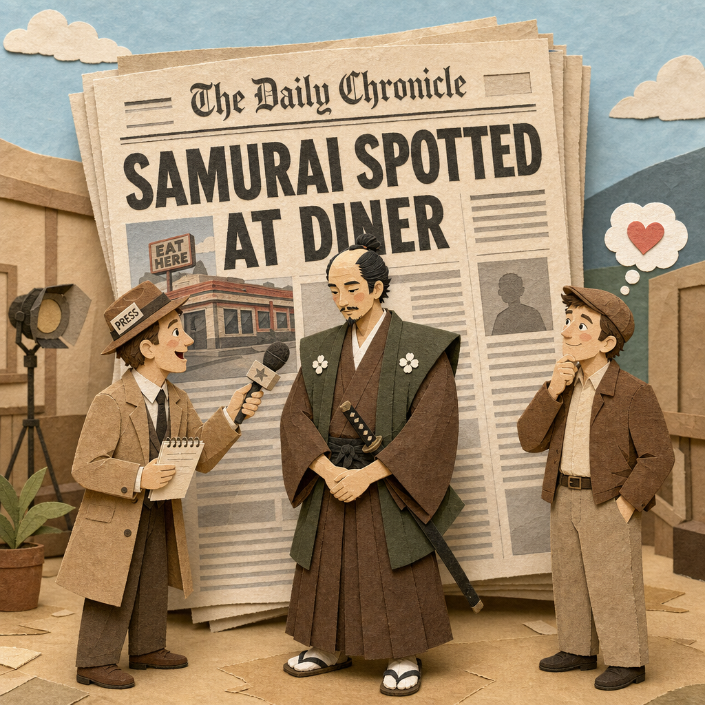 A papercraft samurai stands before a giant cut-paper newspaper headline reading 'Samurai Spotted at Diner.'