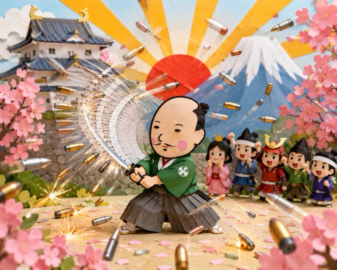 A papercraft samurai turning aside a hail of bullets with his blade, allies cheering behind him
